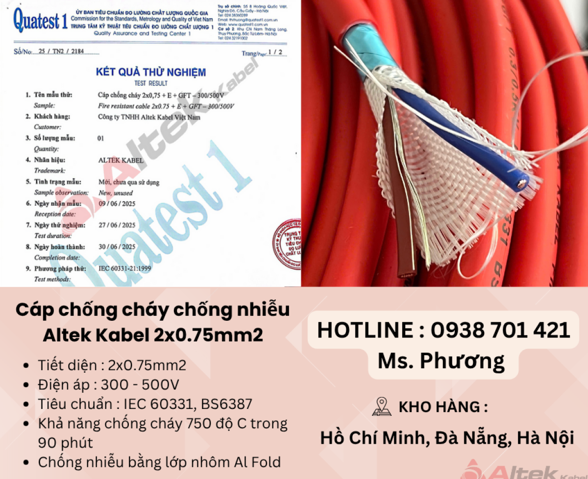 Cáp chống cháy chống nhiễu Altek Kabel 2x0.75mm tại Đà Nẵng, Hà Nội, Hồ Chí Minh