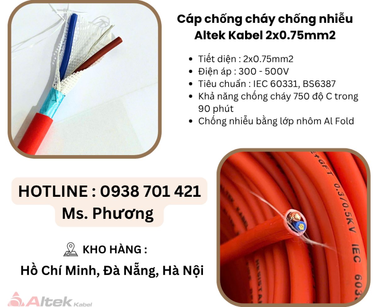 Cáp chống cháy chống nhiễu Altek Kabel 2x0.75mm tại Đà Nẵng, Hà Nội, Hồ Chí Minh