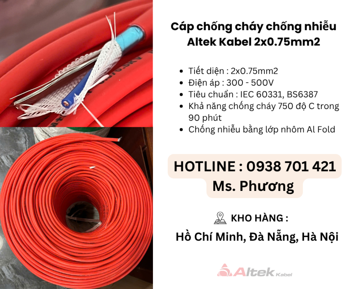 Cáp chống cháy chống nhiễu Altek Kabel 2x0.75mm tại Đà Nẵng, Hà Nội, Hồ Chí Minh