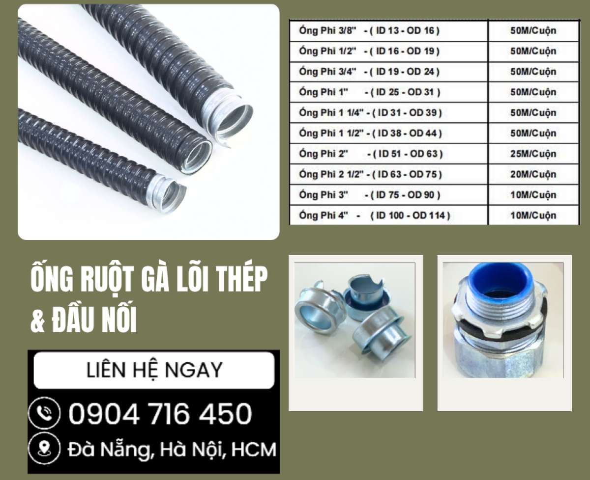 Ống ruột gà lõi thép phi 16,25,32 Đà Nẵng, Sài Gòn. Hà Nội