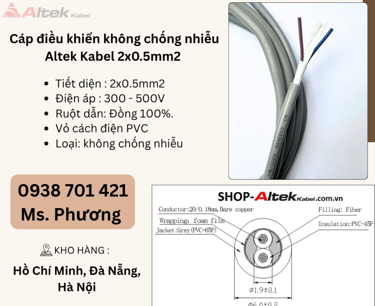 Cáp điều khiển không chống nhiễu Altek Kabel 2x0.5mm Đà Nẵng, Hà Nội, Hồ Chí Minh
