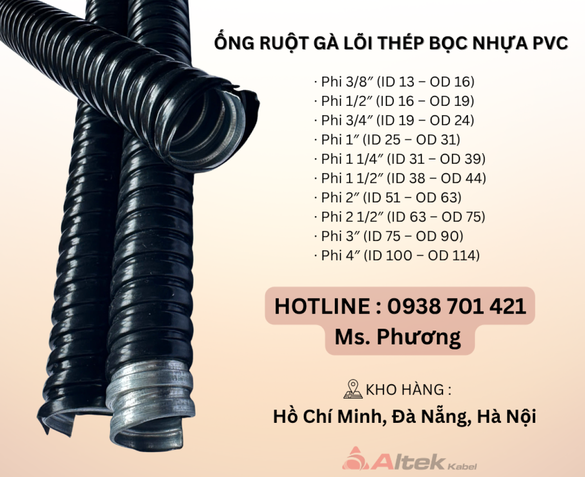 Ống ruột gà lõi thép bọc nhựa PVC và đầu nối tại Đà Nẵng, Hà Nội, Hồ Chí Minh