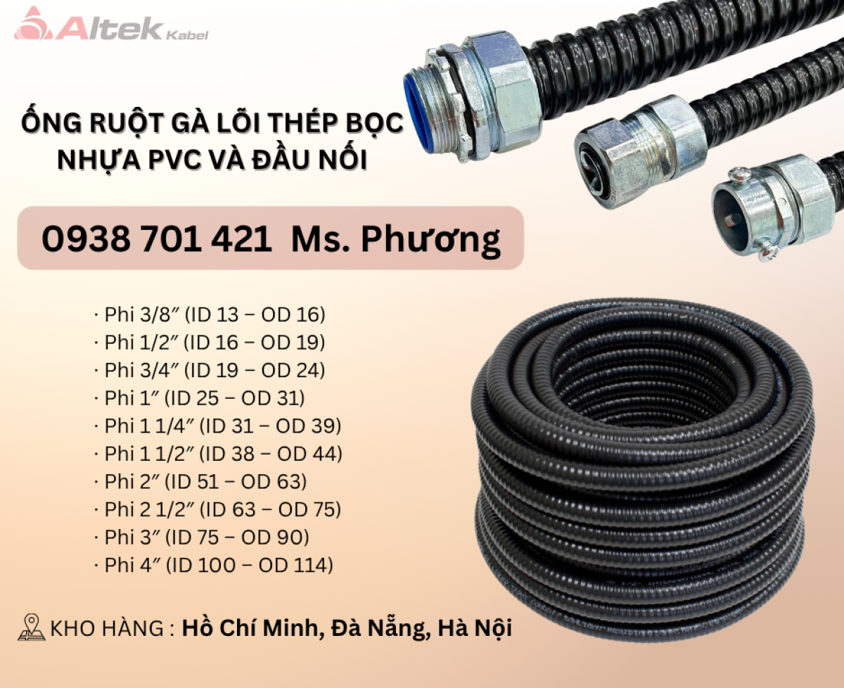Ống ruột gà lõi thép bọc nhựa PVC và đầu nối tại Đà Nẵng, Hà Nội, Hồ Chí Minh