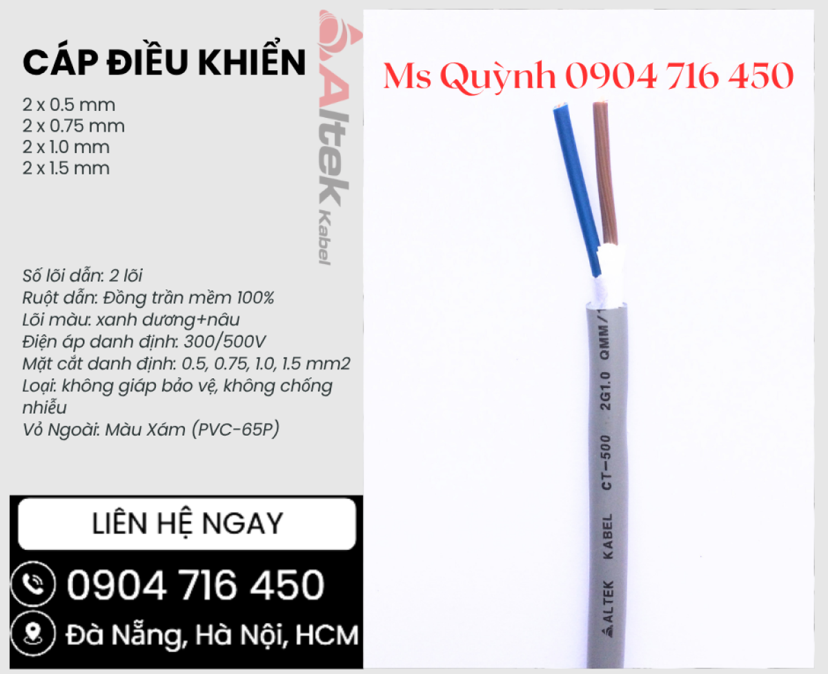 Cáp tín hiệu điều khiển 2x0.5, 2x0.75, 2x1.0, 2x1.5 Altek Kabel Đà Nẵng, Hà Nội