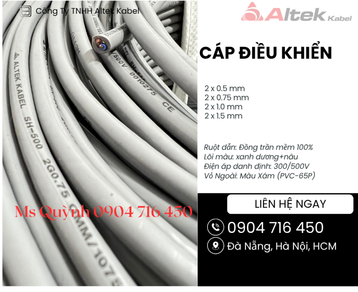 Cáp tín hiệu điều khiển 2x0.5, 2x0.75, 2x1.0, 2x1.5 Altek Kabel Đà Nẵng, Hà Nội