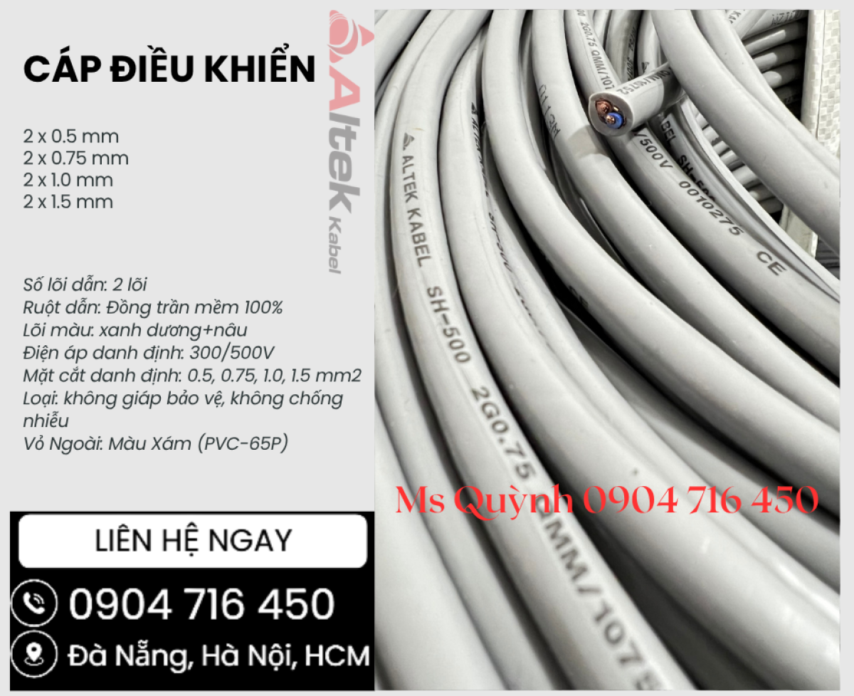 Cáp tín hiệu điều khiển 2x0.5, 2x0.75, 2x1.0, 2x1.5 Altek Kabel Đà Nẵng, Hà Nội