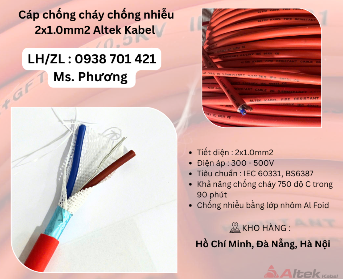 Cáp chống cháy chống nhiễu 2x1.0 Altek Kabel Đà Nẵng, Hà Nội, Hồ Chí Minh
