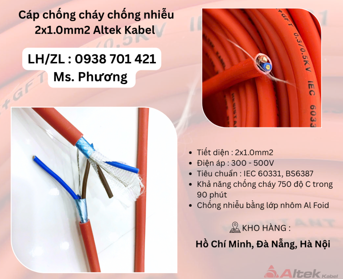 Cáp chống cháy chống nhiễu 2x1.0 Altek Kabel Đà Nẵng, Hà Nội, Hồ Chí Minh