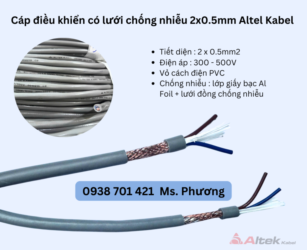 Cáp điều khiển có lưới chống nhiễu 2x0.5mm Altel Kabel Đà Nẵng, Hà Nội, Hồ Chí Minh
