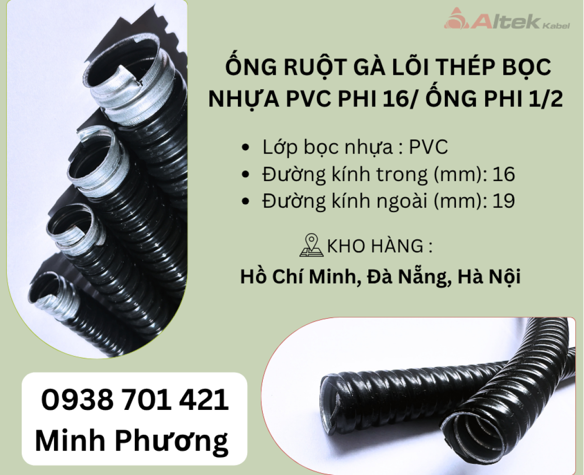 Ống ruột gà lõi thép bọc nhựa PVC phi 16/ Ống phi 1/2 Đà Nẵng, Hà Nội, Hồ Chí Minh