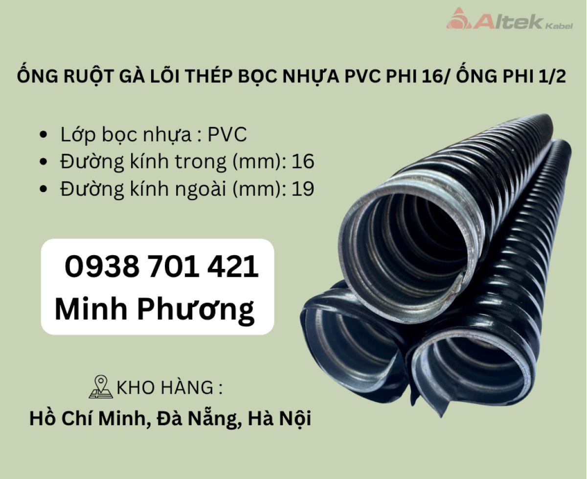 Ống ruột gà lõi thép bọc nhựa PVC phi 16/ Ống phi 1/2 Đà Nẵng, Hà Nội, Hồ Chí Minh