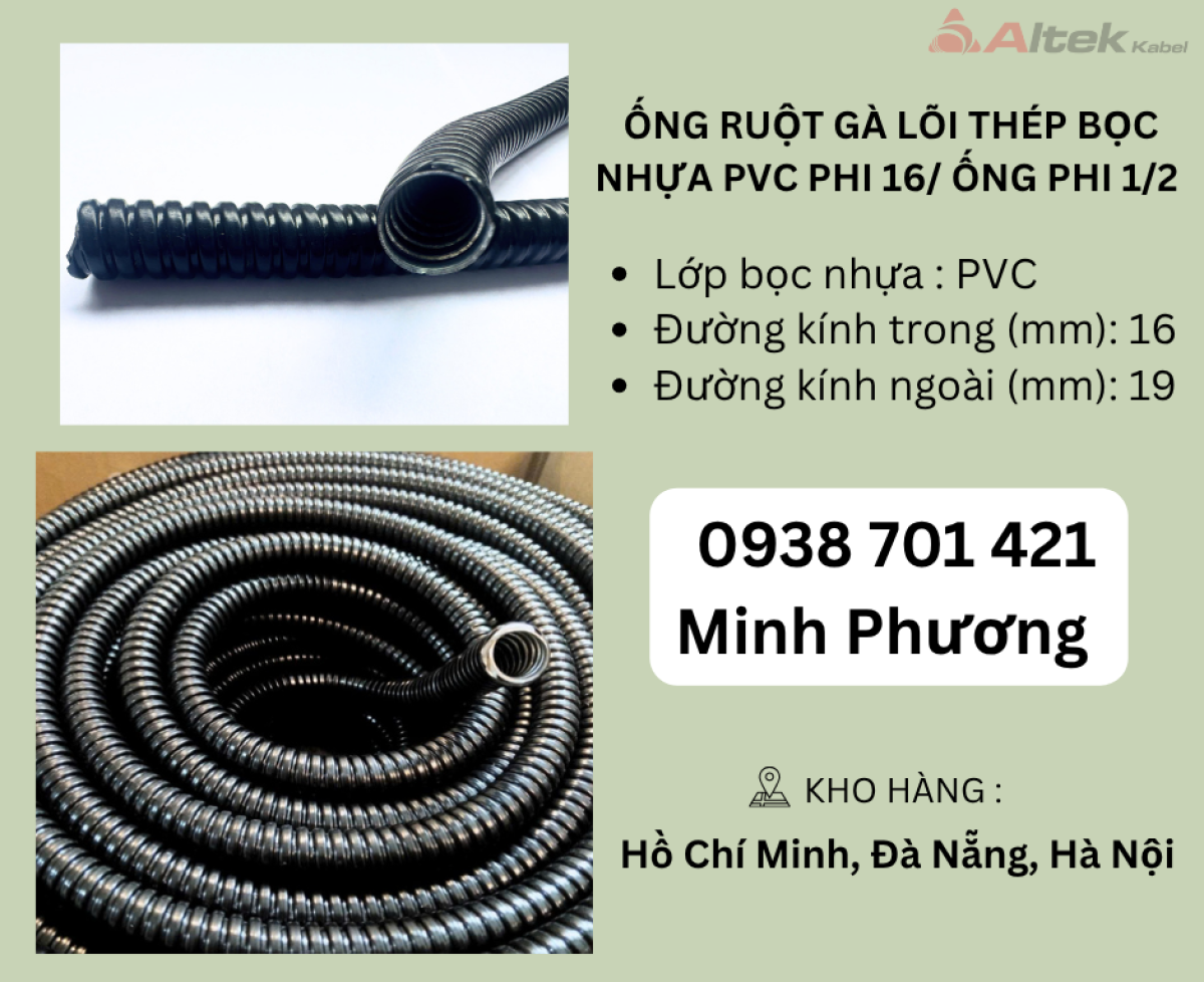 Ống ruột gà lõi thép bọc nhựa PVC phi 16/ Ống phi 1/2 Đà Nẵng, Hà Nội, Hồ Chí Minh