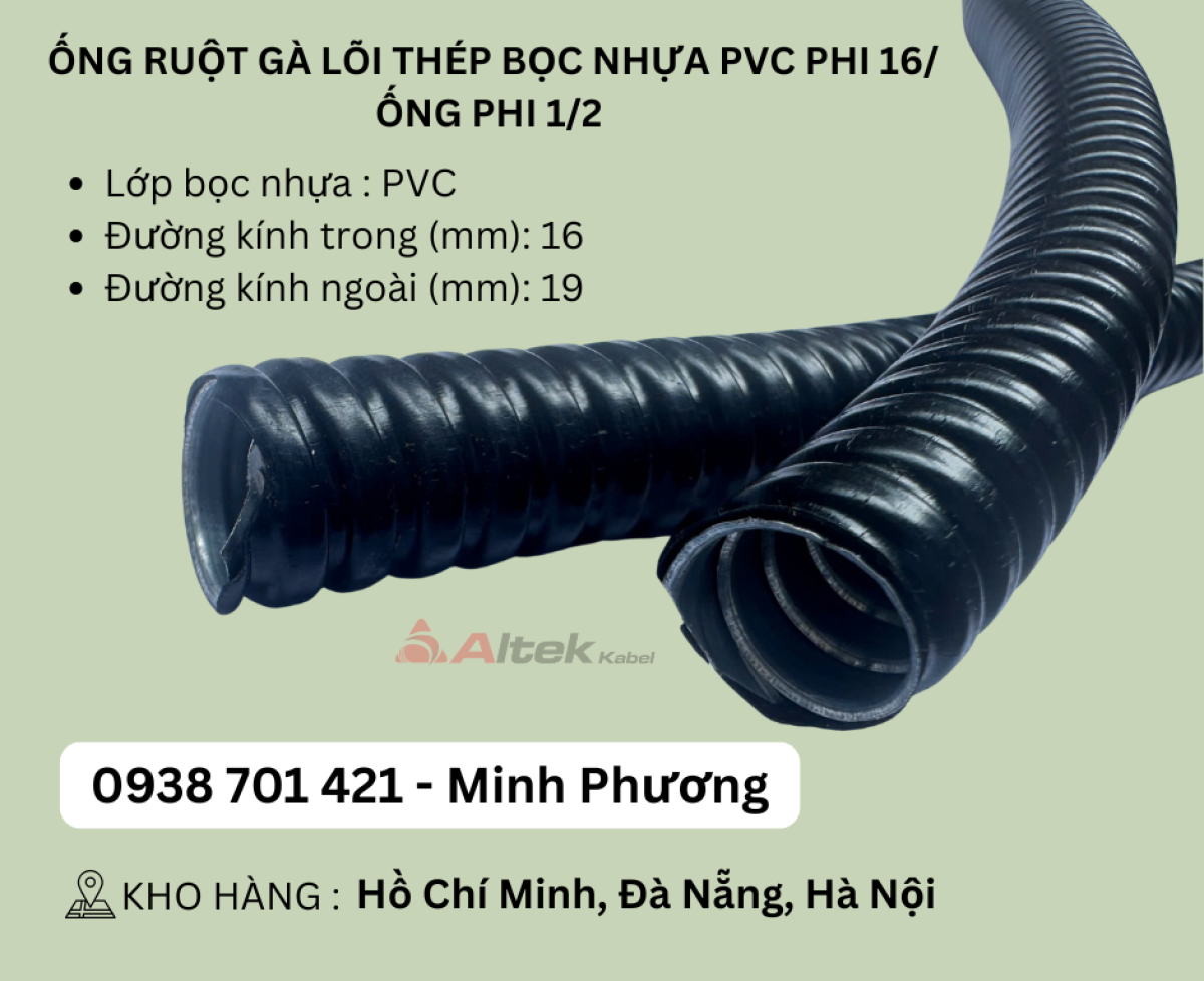 Ống ruột gà lõi thép bọc nhựa PVC phi 16/ Ống phi 1/2 Đà Nẵng, Hà Nội, Hồ Chí Minh