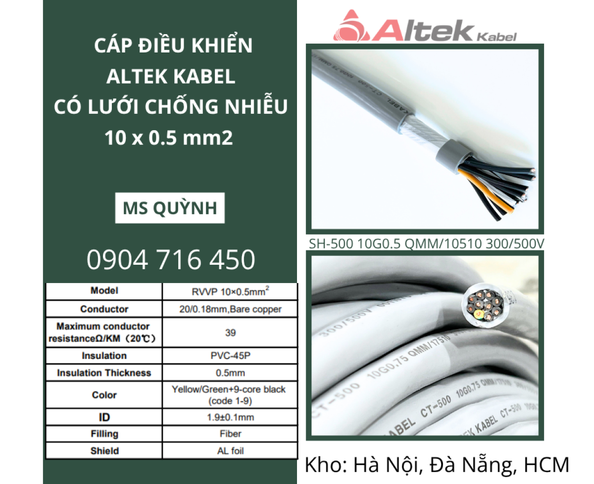 Cáp điều khiển chống nhiễu 10x0.5, 10x0.75, 10x1.5  Altek Kabel Hà Nội, Đà Nẵng