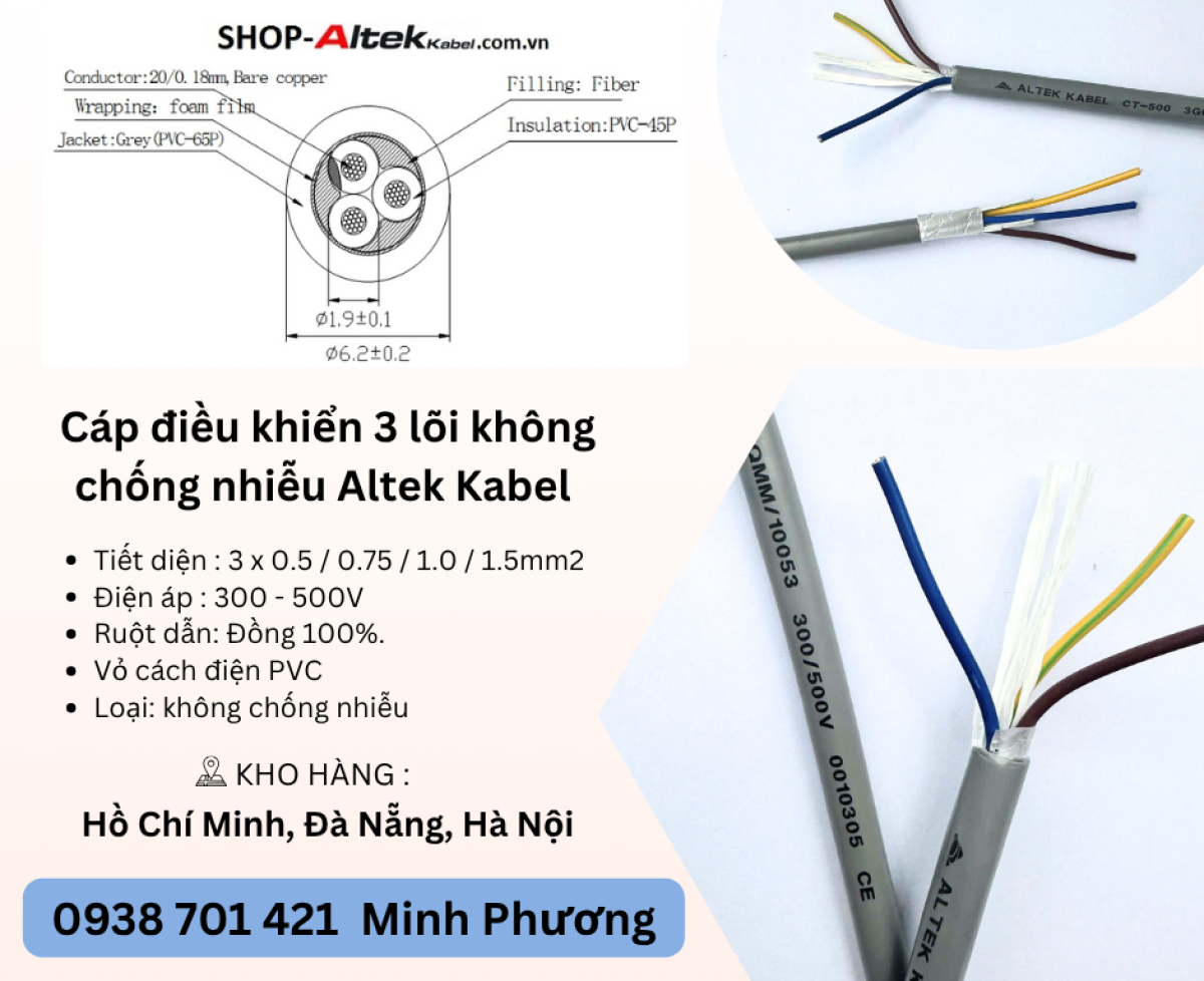 Cáp điều khiển 3 lõi không chống nhiễu Altek Kabel Đà Nẵng, Hà Nội, Hồ Chí Minh