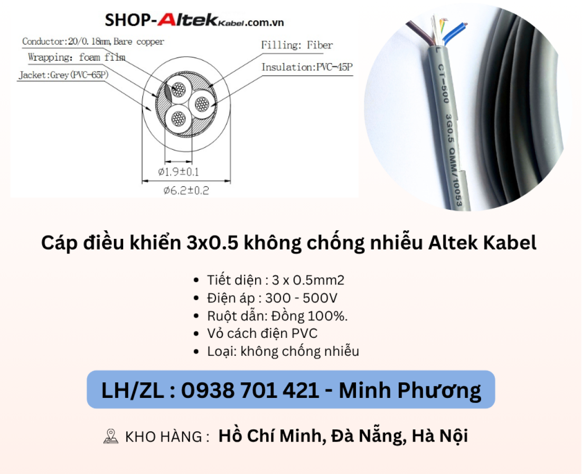 Cáp điều khiển 3 lõi không chống nhiễu Altek Kabel Đà Nẵng, Hà Nội, Hồ Chí Minh