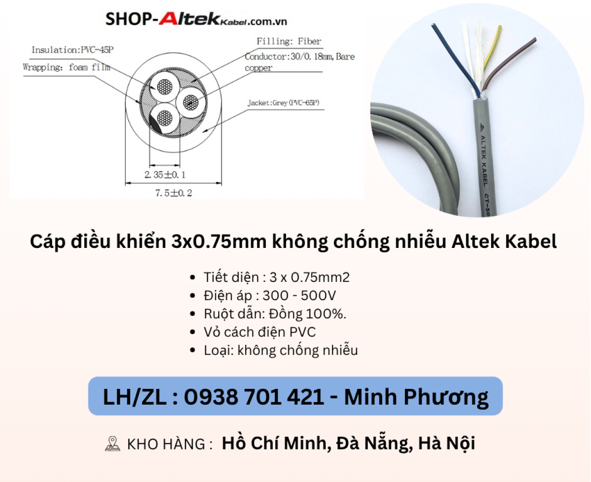 Cáp điều khiển 3 lõi không chống nhiễu Altek Kabel Đà Nẵng, Hà Nội, Hồ Chí Minh