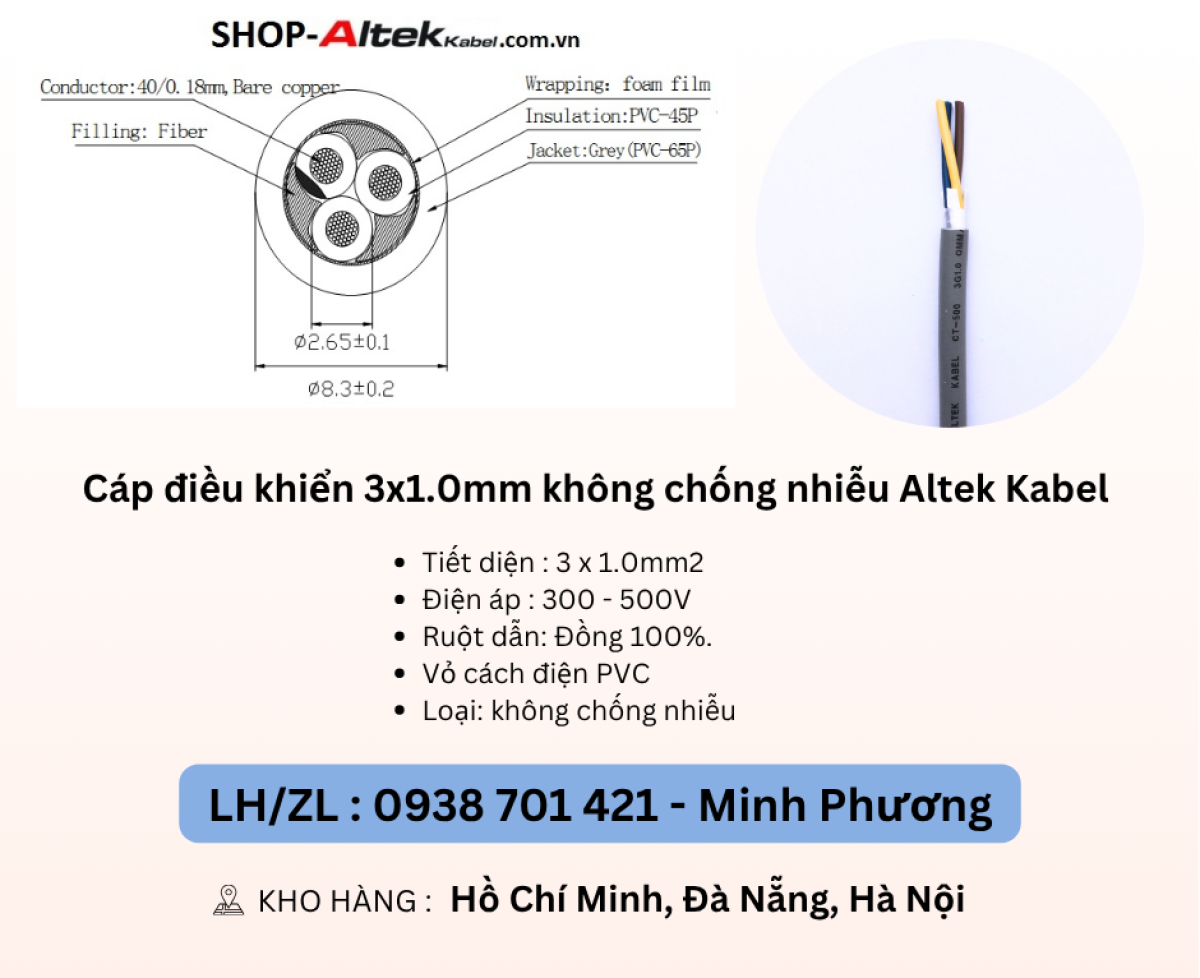 Cáp điều khiển 3 lõi không chống nhiễu Altek Kabel Đà Nẵng, Hà Nội, Hồ Chí Minh