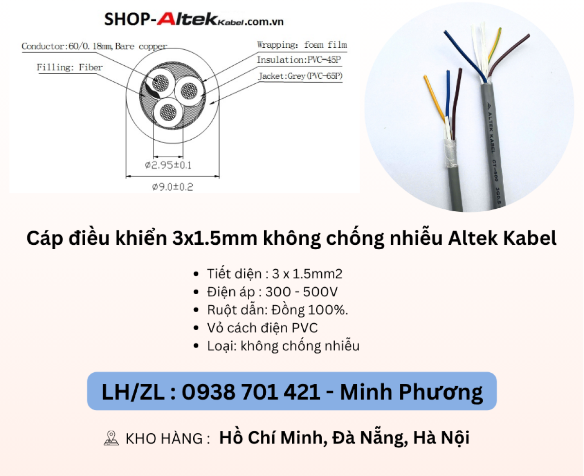 Cáp điều khiển 3 lõi không chống nhiễu Altek Kabel Đà Nẵng, Hà Nội, Hồ Chí Minh