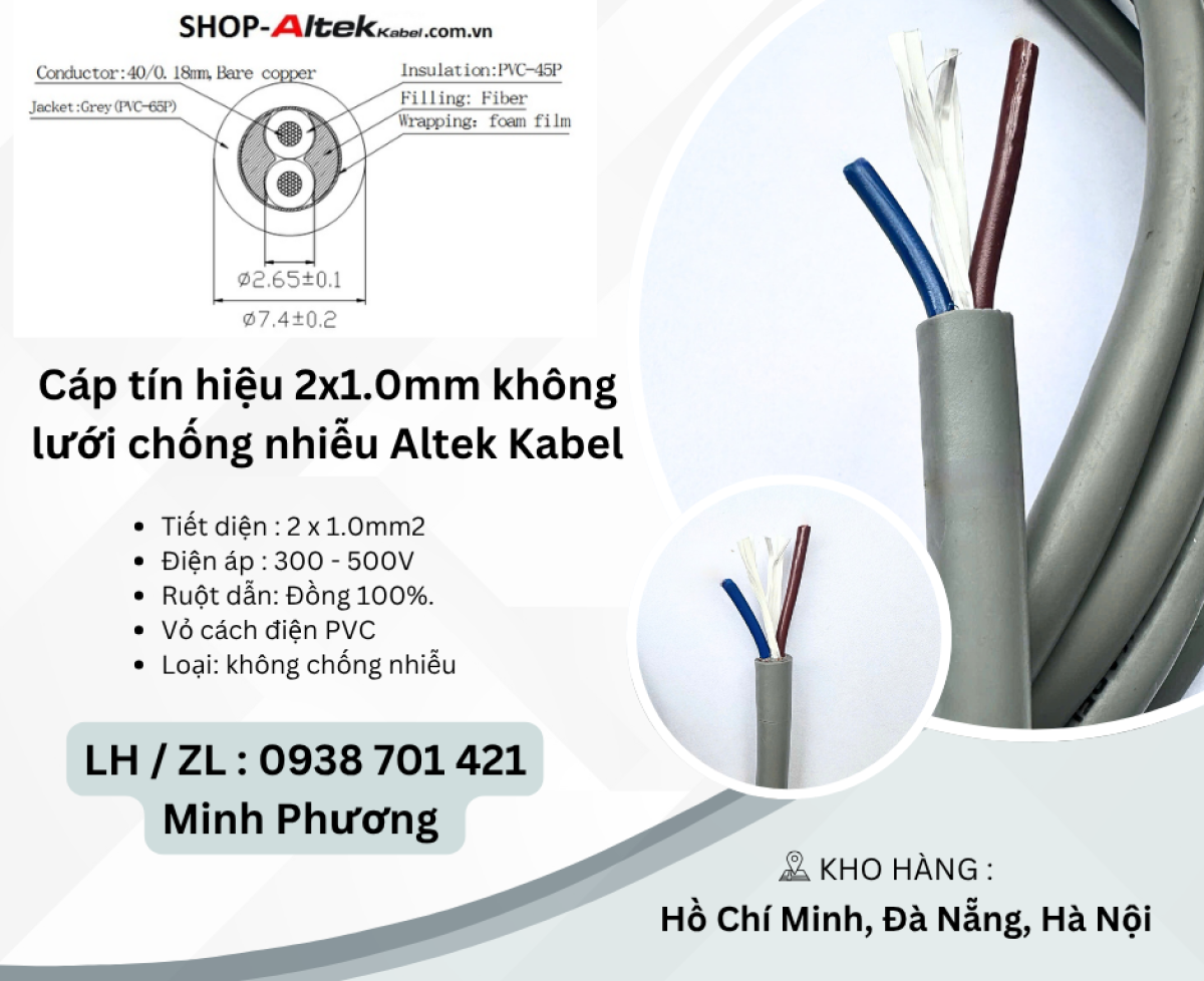 Cáp tín hiệu 2x1.0mm không lưới chống nhiễu Altek Kabel Đà Nẵng, Hà Nội, Bình Định