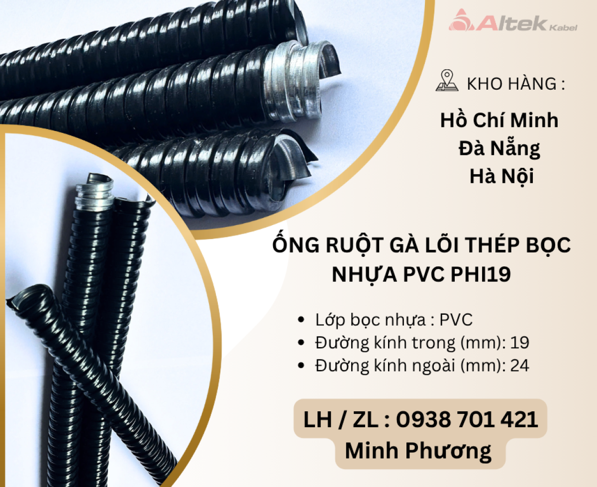 Ống ruột gà lõi thép bọc nhựa PVC Phi19 Đà Nẵng, Hà Nội, Quảng Nam