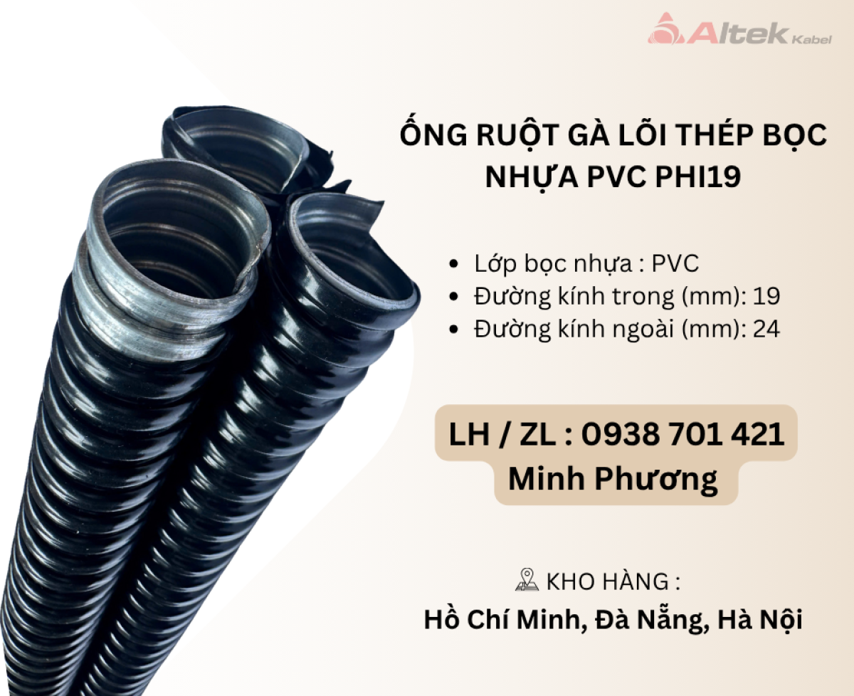Ống ruột gà lõi thép bọc nhựa PVC Phi19 Đà Nẵng, Hà Nội, Quảng Nam