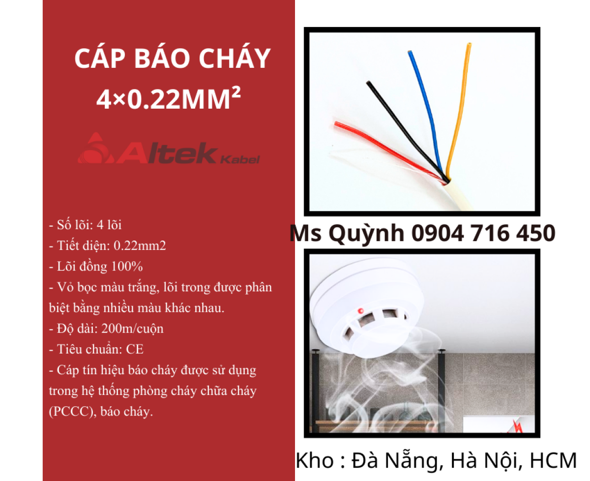 Cáp báo cháy 4x 0.22mm2 Altek Kabel Đà Nẵng, Sài Gòn, Hà Nội, Quảng Ngãi