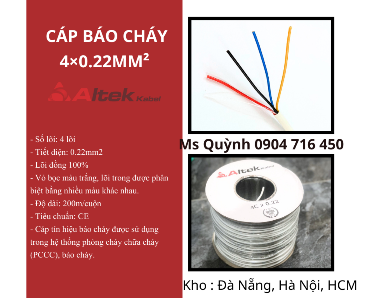 Cáp báo cháy 4x 0.22mm2 Altek Kabel Đà Nẵng, Sài Gòn, Hà Nội, Quảng Ngãi