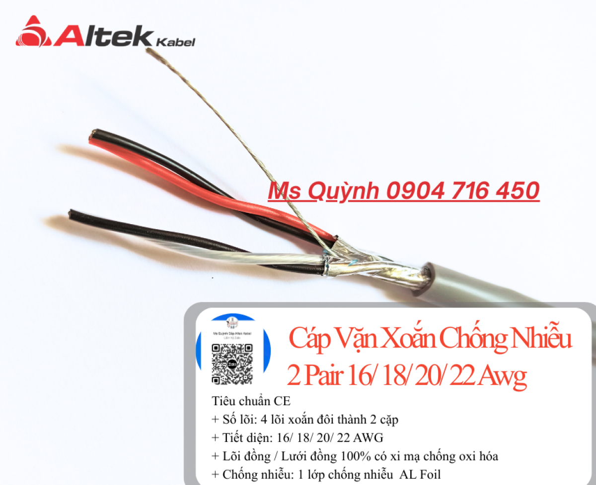 Cáp tín hiệu vặn xoắn chống nhiễu 2 Pair 16/ 18/ 20/ 22 Awg Altek Kabel
