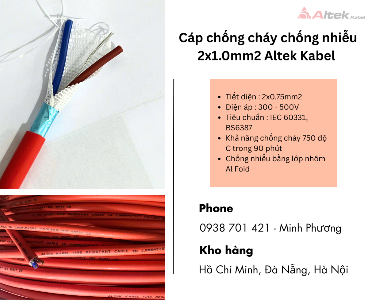 Cáp chống cháy chống nhiễu Altek Kabel 2x1.0mm2 Đà Nẵng, Lâm Đồng, Huế