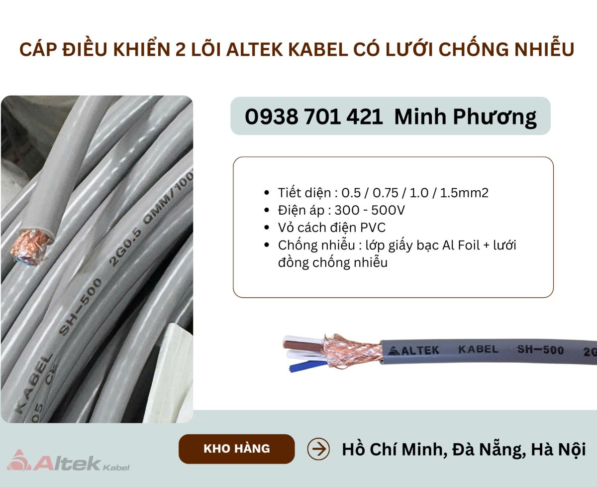 Cáp điều khiển 2 lõi Altek Kabel có lưới chống nhiễu Đà Nẵng, Quảng Bình, Khánh Hòa