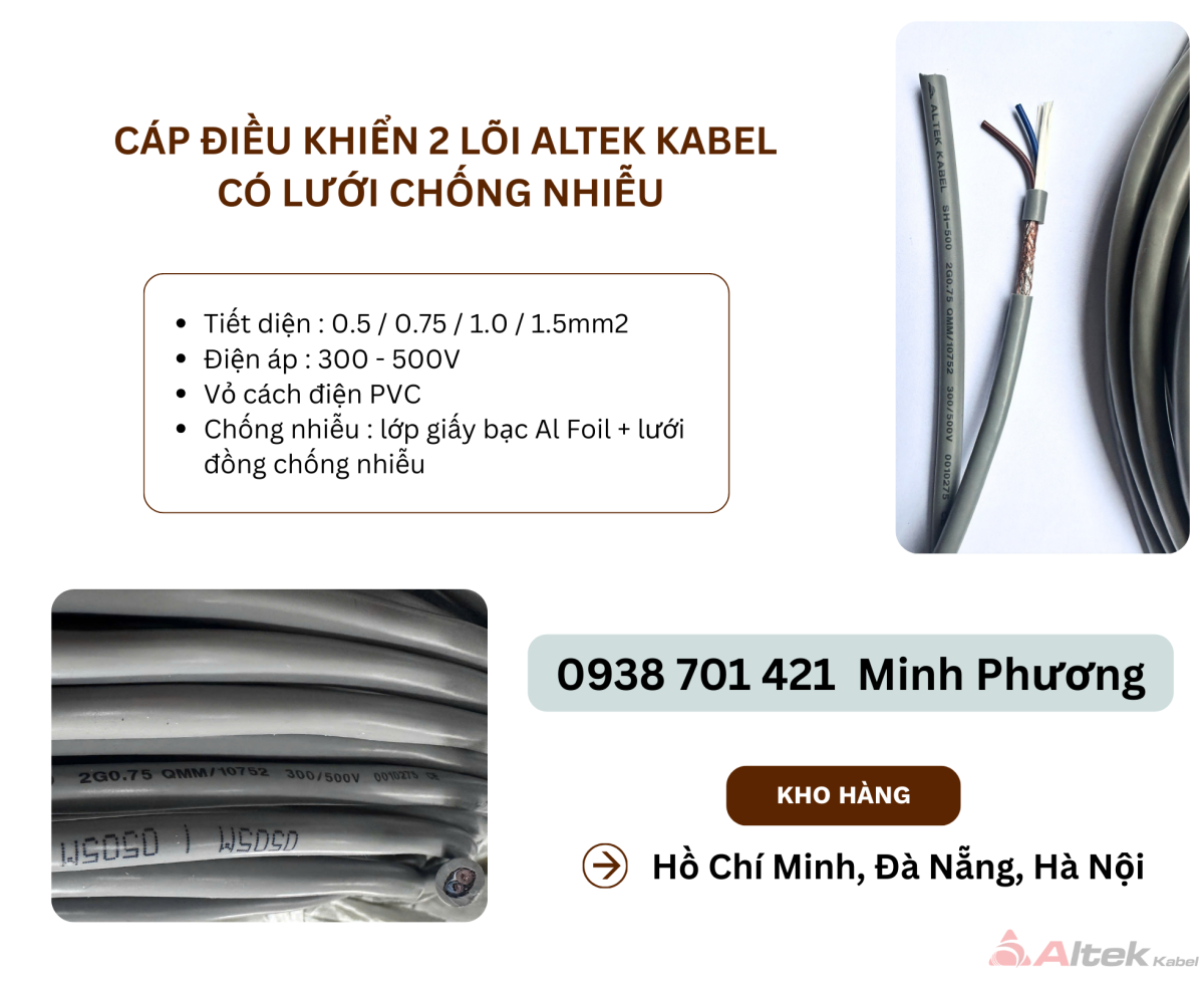 Cáp điều khiển 2 lõi Altek Kabel có lưới chống nhiễu Đà Nẵng, Quảng Bình, Khánh Hòa