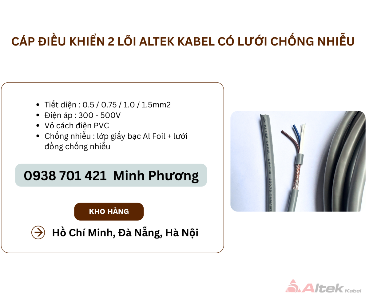 Cáp điều khiển 2 lõi Altek Kabel có lưới chống nhiễu Đà Nẵng, Quảng Bình, Khánh Hòa