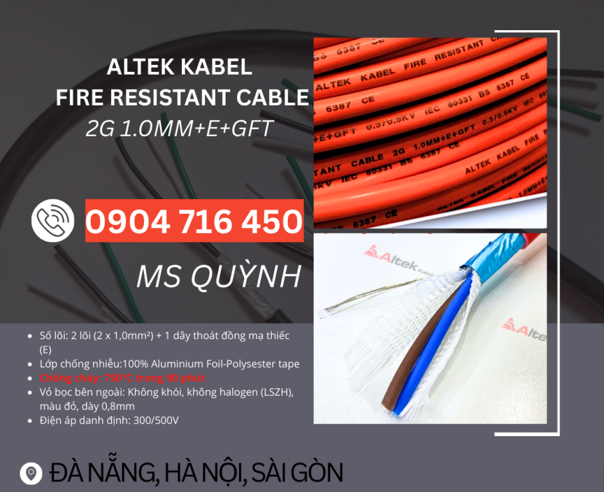 Cáp fire chống cháy chỗng nhiễu 2x1.0, 2x1.5 Altek Kabel Đà Nẵng, Hà Nội, Sài Gòn, Quy Nhơn