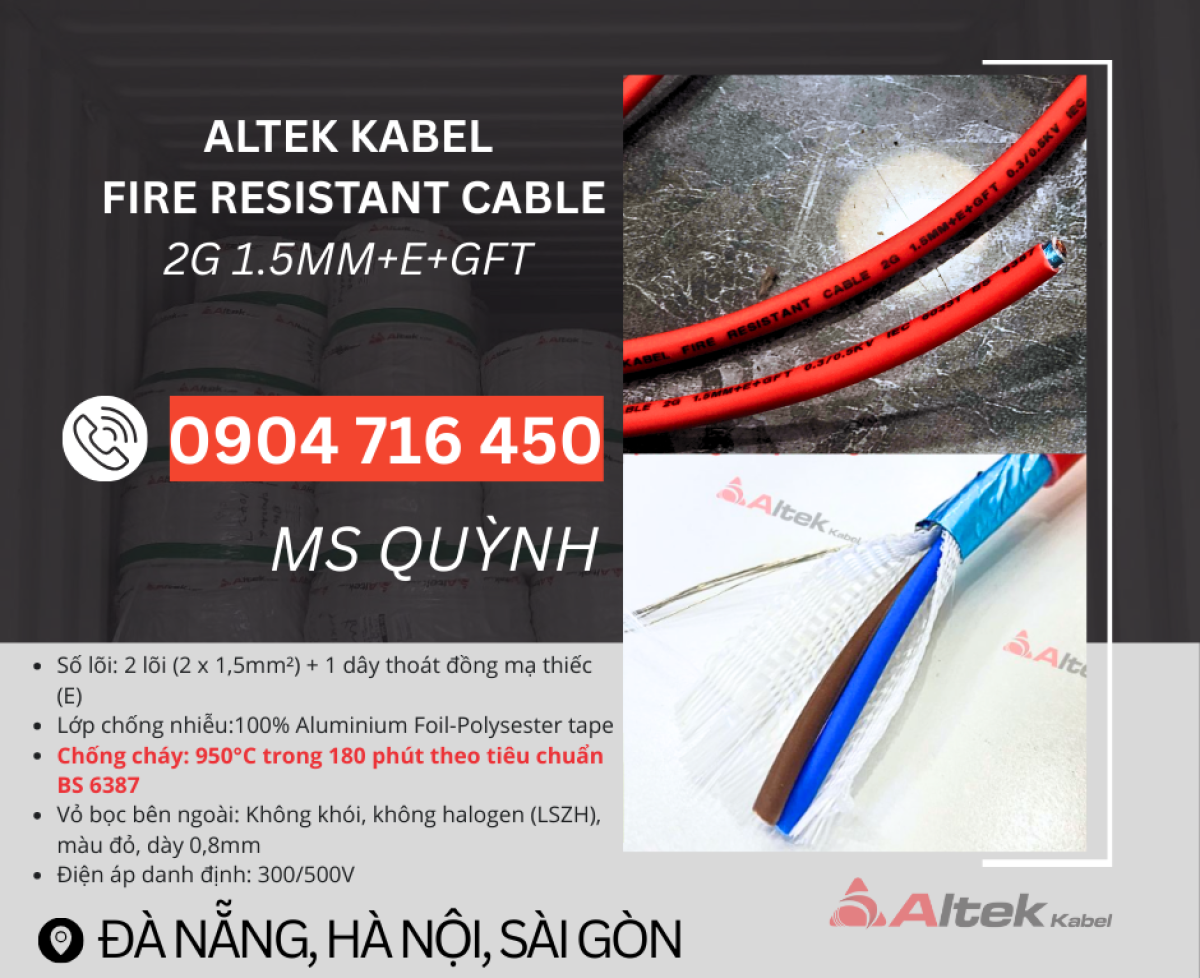 Cáp fire chống cháy chỗng nhiễu 2x1.0, 2x1.5 Altek Kabel Đà Nẵng, Hà Nội, Sài Gòn, Quy Nhơn