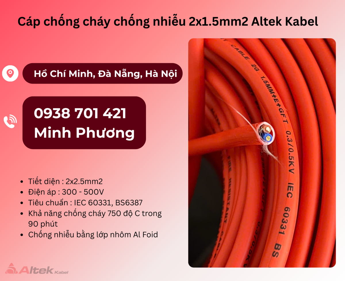 Cáp chống cháy chống nhiễu Altek Kabel 2x1.5 Đà Nẵng, Quảng Ngãi, Quảng Trị