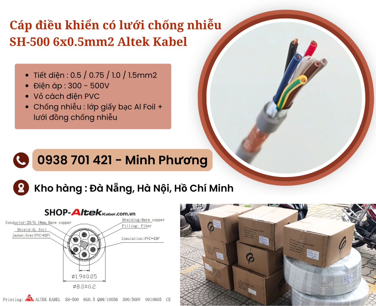 Cáp điều khiển có lưới chống nhiễu SH-500 6x0.5mm2 Altek Kabel Hà Nội, Huế, Quy Nhơn