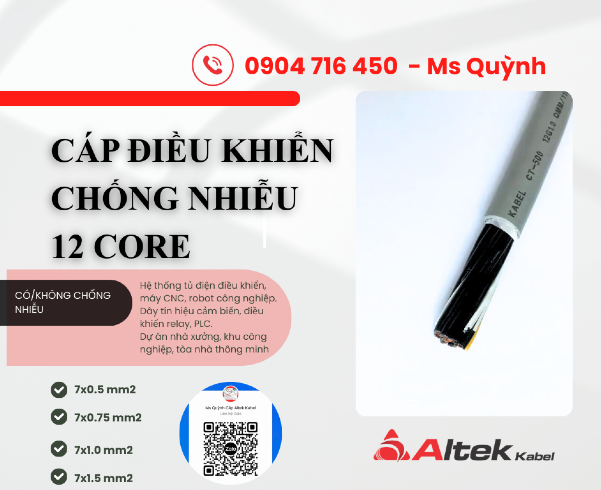 Cáp điều khiển  Altek Kabel 12 sợi 12x0.5, 12x0.75, 12x1.5 Đà Nẵng, Hà Nội, Thanh Hóa