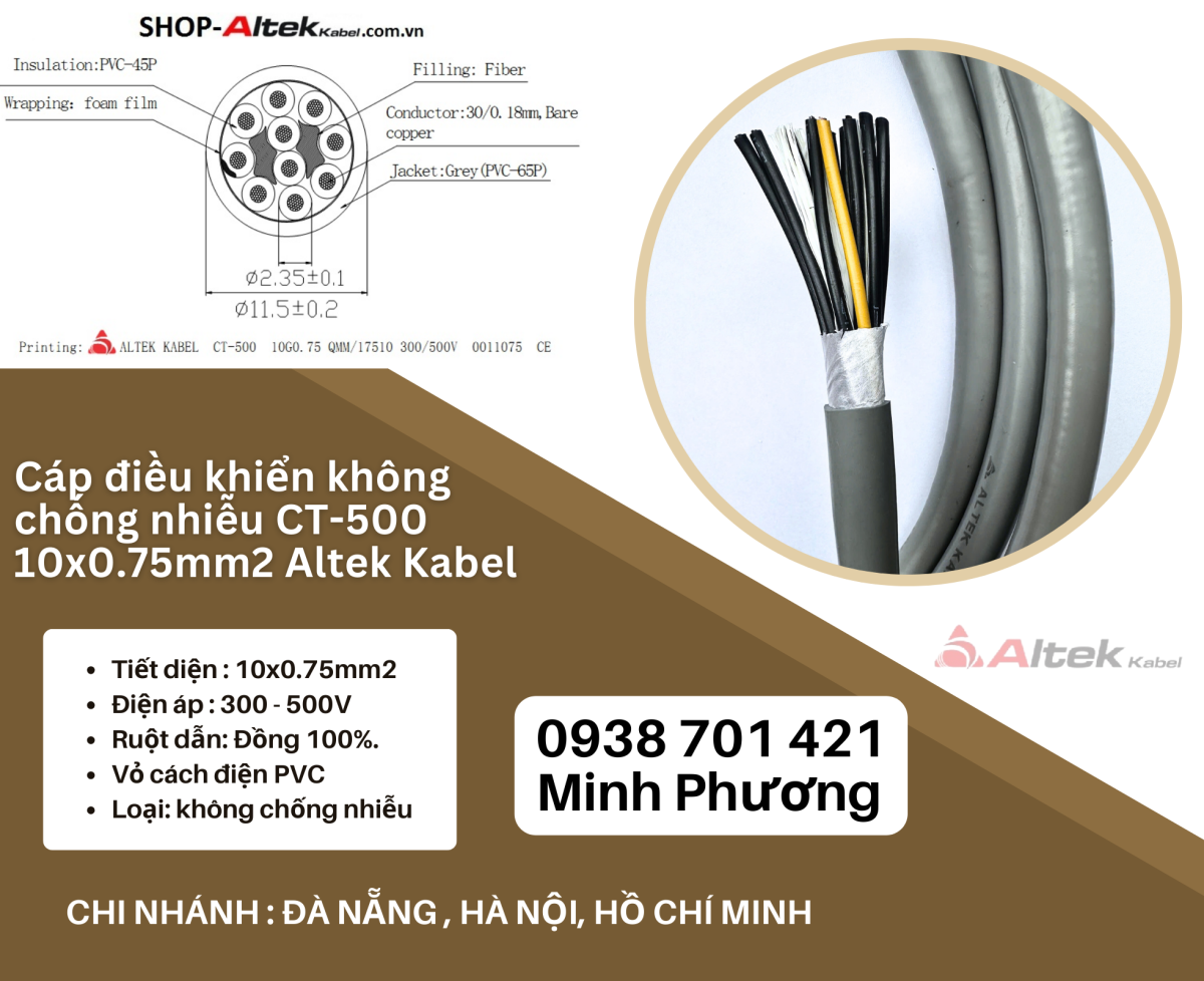 Cáp điều khiển không chống nhiễu CT-500 10x0.75mm2 Altek Kabel Đà Nẵng, Ninh Thuận, Bình Thuận
