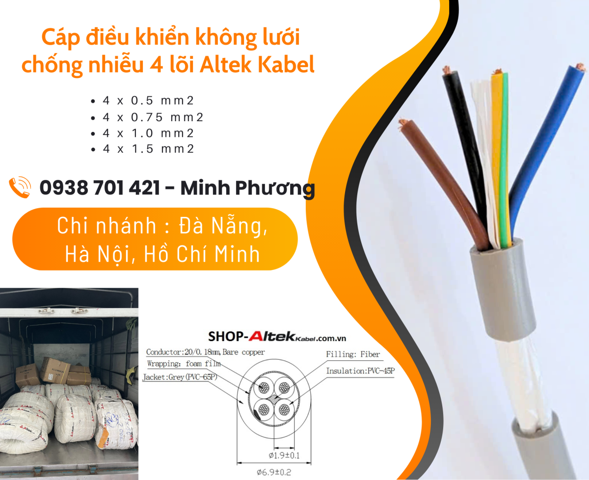 Cáp điều khiển không lưới chống nhiễu 4 lõi Altek Kabel Đắk Lắk, Bình Định, Phú Yên