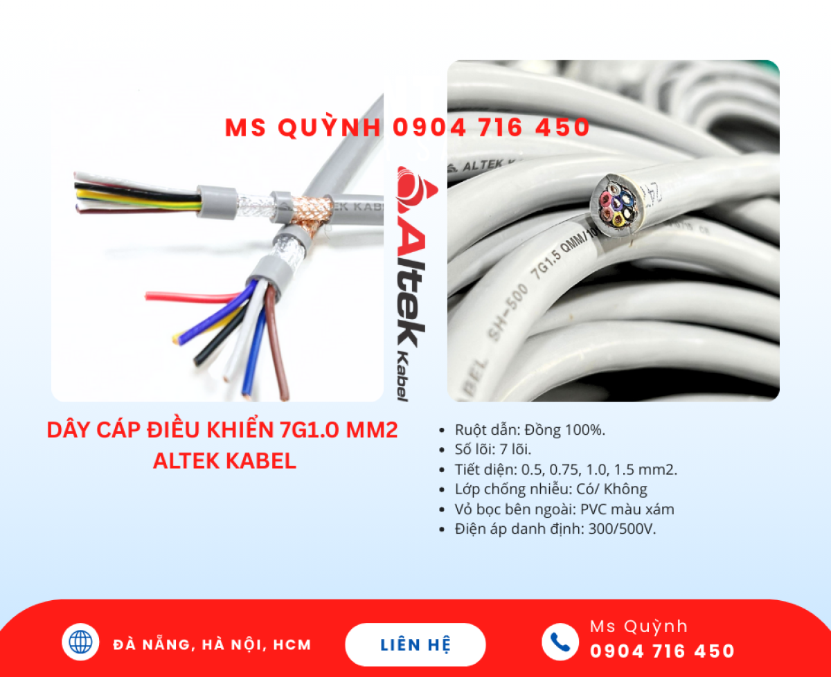 Dây cáp tín hiệu 7x0.5, 7x0.75, 7x1.0, 7x1.5 Altek Kabel Đà Nẵng, Hà Nội, Nam Định, Nghệ An, Gia Lai, Phú Yên