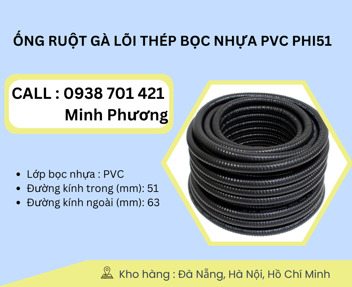 Ống ruột gà lõi thép bọc nhựa Pvc phi 51 Đà Nẵng, Quảng Ngãi, Quảng Trị