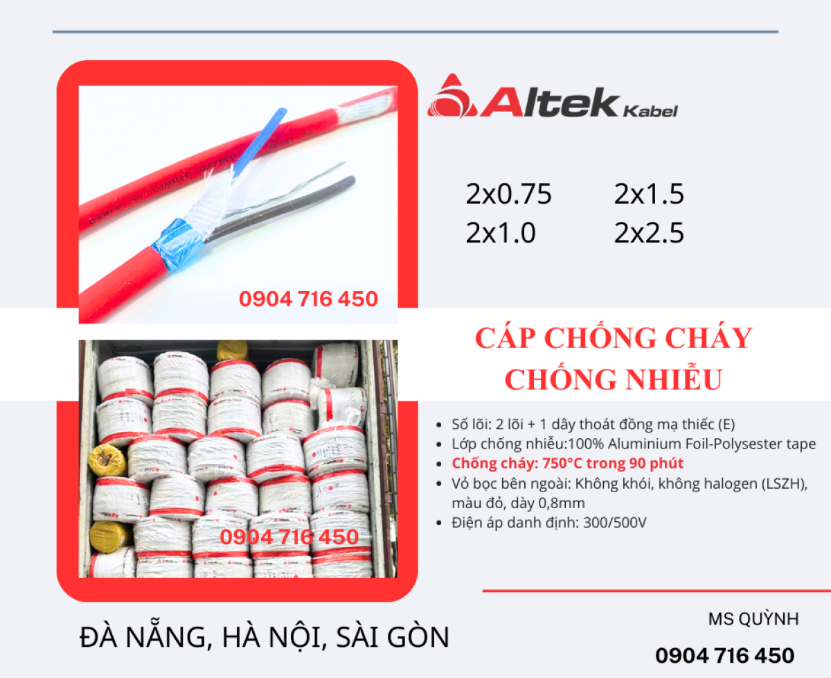 Cáp chống cháy 2x0.75, 2x1.0, 2x1.5 Altek Kabel Sài Gòn, Đồng Nai, Bình Dương, Tiền Giang