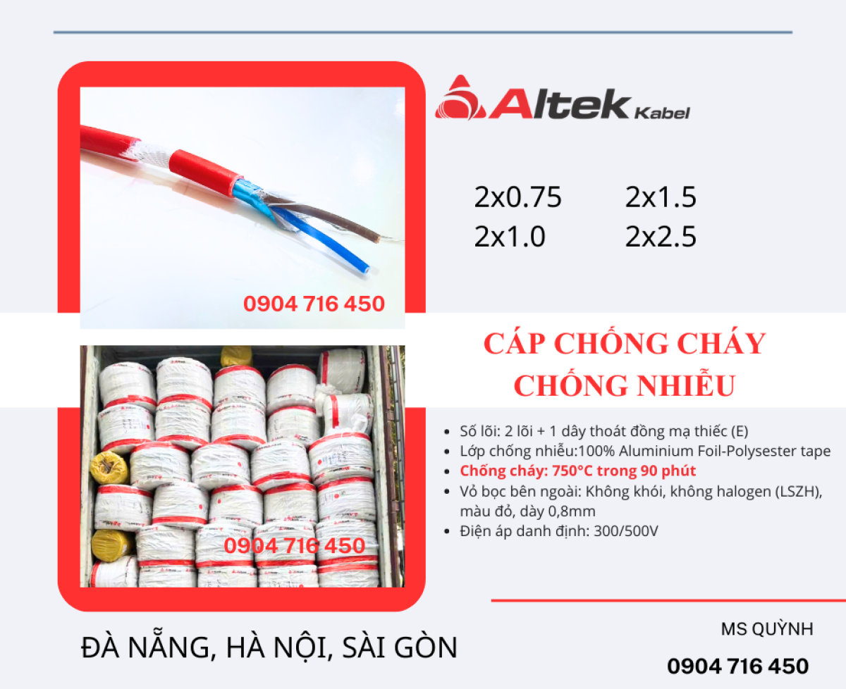 Cáp chống cháy 2x0.75, 2x1.0, 2x1.5 Altek Kabel Sài Gòn, Đồng Nai, Bình Dương, Tiền Giang