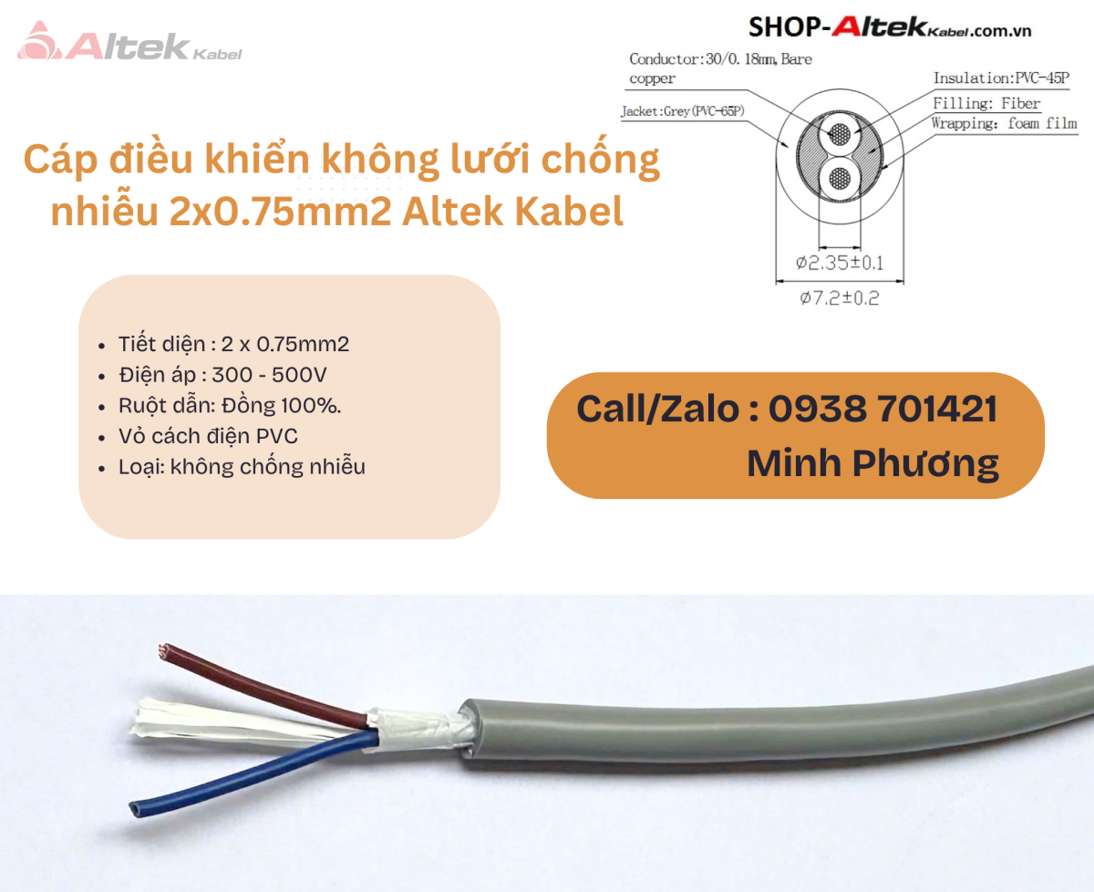 Cáp điều khiển không lưới chống nhiễu 2x0.75mm2 Altek Kabel Đà Nẵng, Bình Định, Nghệ An