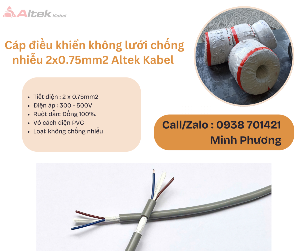 Cáp điều khiển không lưới chống nhiễu 2x0.75mm2 Altek Kabel Đà Nẵng, Bình Định, Nghệ An