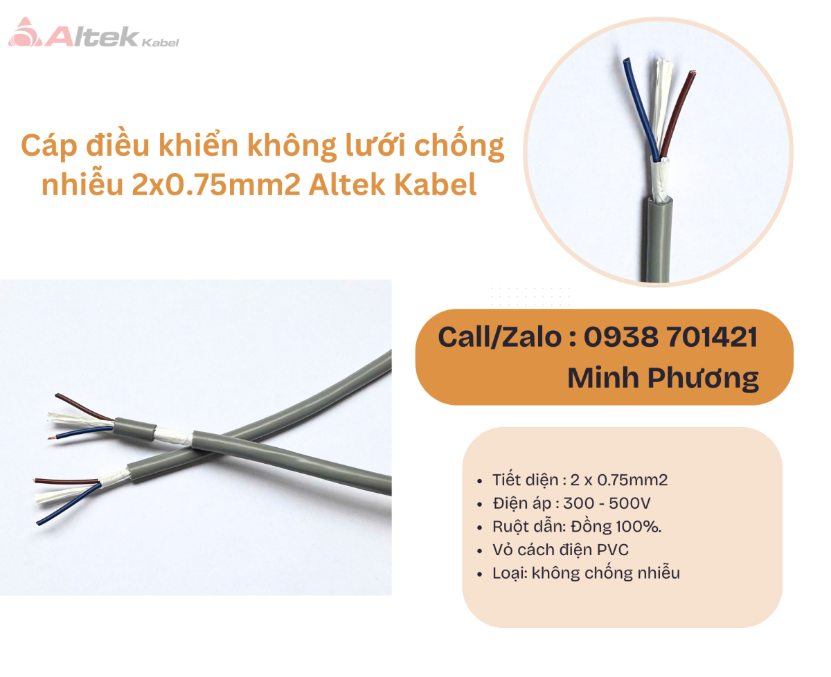 Cáp điều khiển không lưới chống nhiễu 2x0.75mm2 Altek Kabel Đà Nẵng, Bình Định, Nghệ An