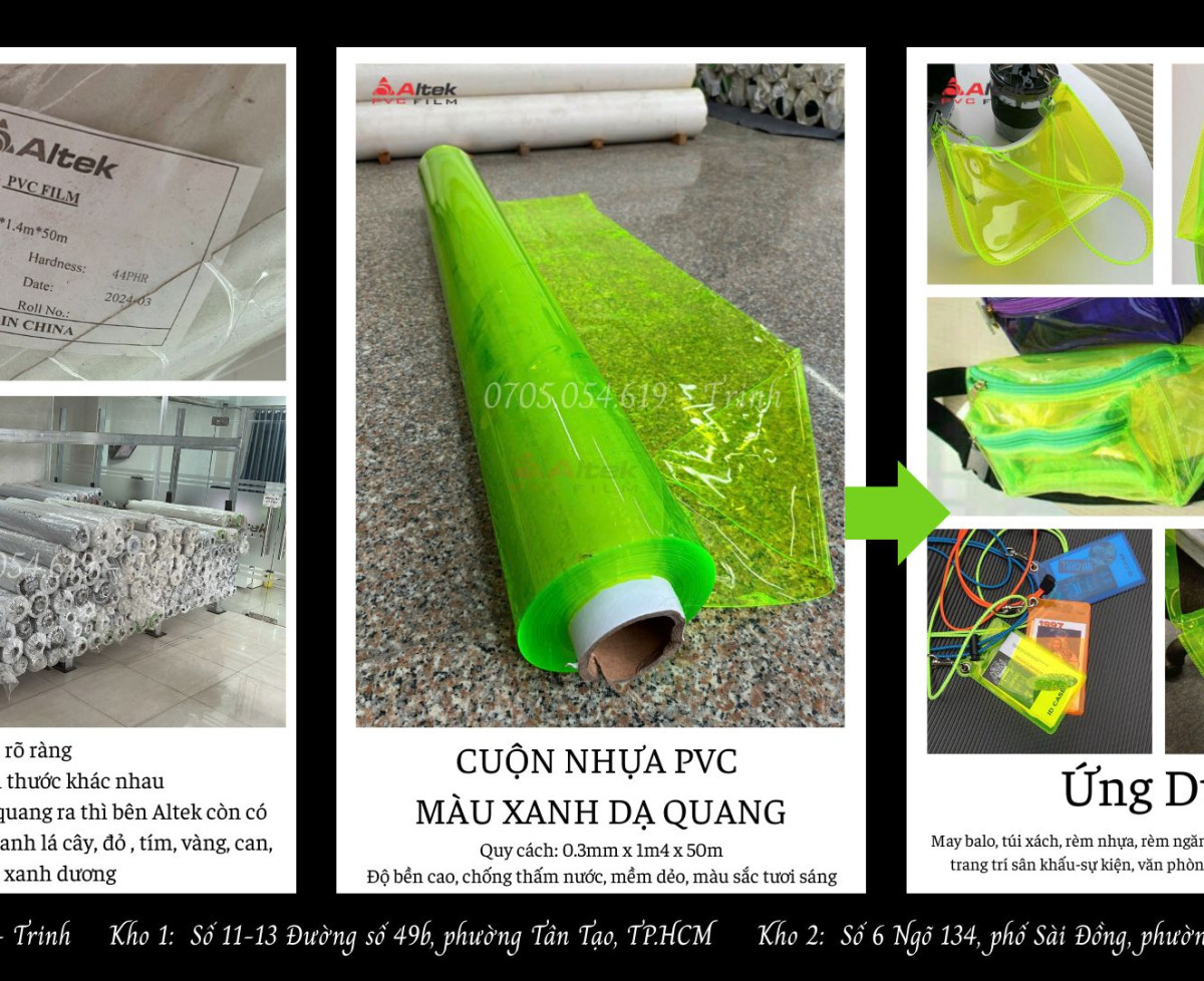 Màng nhựa pvc chuyên may balo phụ kiện, màu xanh dạ quang nổi bật