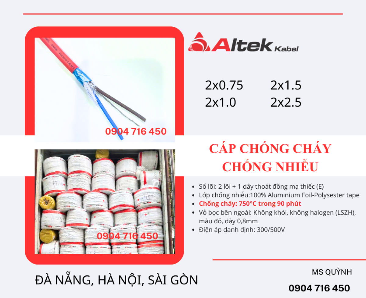 Cáp tín hiệu chống cháy 2g0.75, 2g1.0, 2g1.5 Altek Kabel
