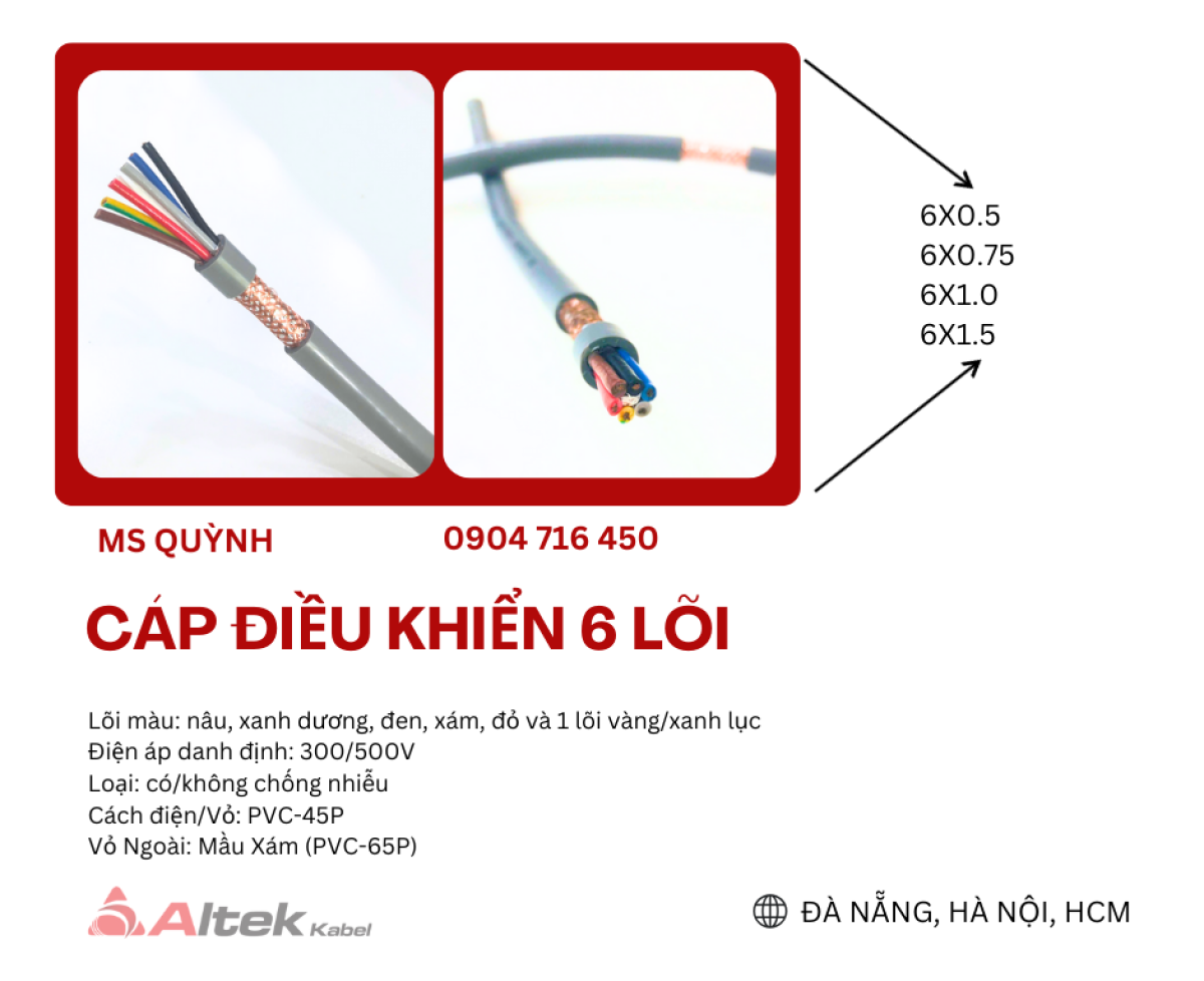 Dây cáp 6×0.5, 6×0.75, 6×1.0, 6×1.5 chống nhiễu Altek Kabel Đà Nẵng, Hà Nội, Bắc Ninh, Bình